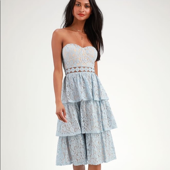 Lulus Dresses & Skirts - Adorn Light Blue Lace Strapless Midi Dress